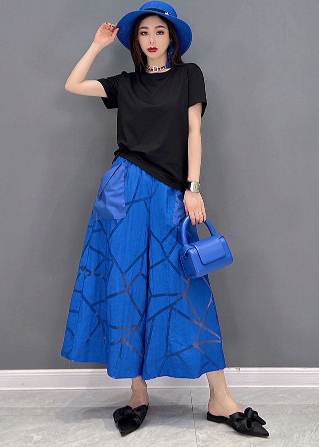 Simple Blue Pockets Patchwork Cotton Wide Leg Pants Summer