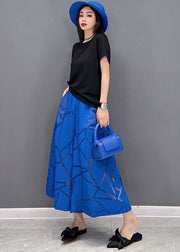 Simple Blue Pockets Patchwork Cotton Wide Leg Pants Summer