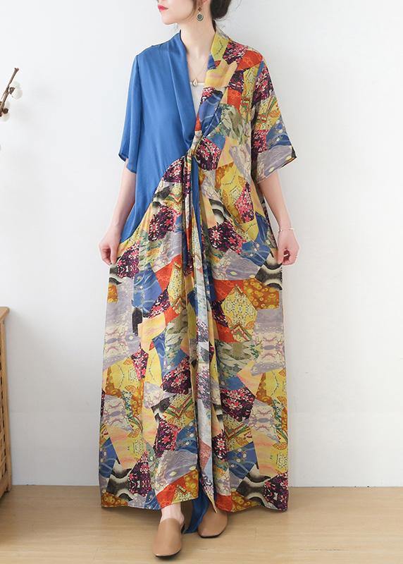 Simple Blue Print Patchwork  Summer Chiffon Dress - SooLinen