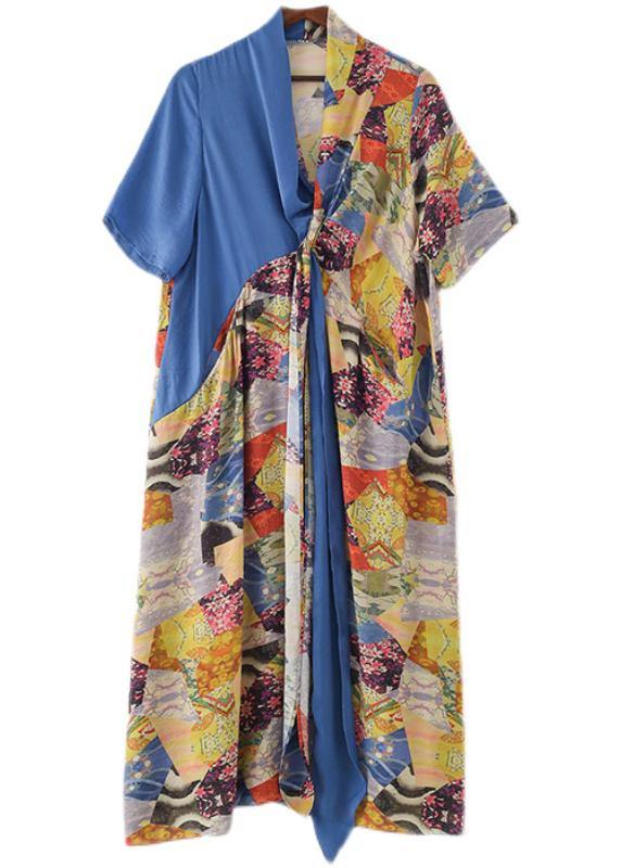 Simple Blue Print Patchwork  Summer Chiffon Dress - SooLinen