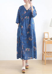 Simple Blue Print tie waist Long Dresses Summer Ramie - SooLinen