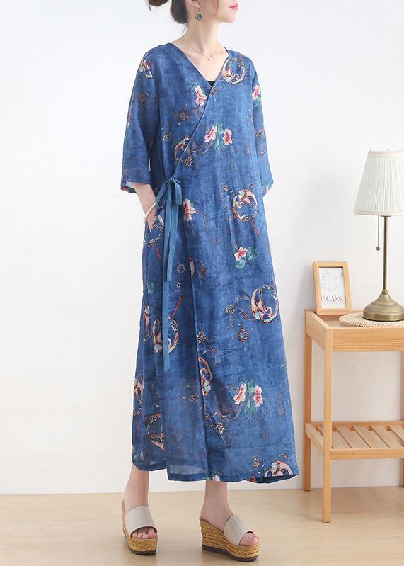 Simple Blue Print tie waist Long Dresses Summer Ramie - SooLinen