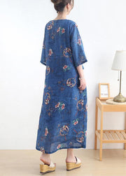 Simple Blue Print tie waist Long Dresses Summer Ramie - SooLinen