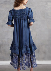 Simple Blue Square Collar Asymmetrical Lace Patchwork Cotton Vacation Dresses Short Sleeve