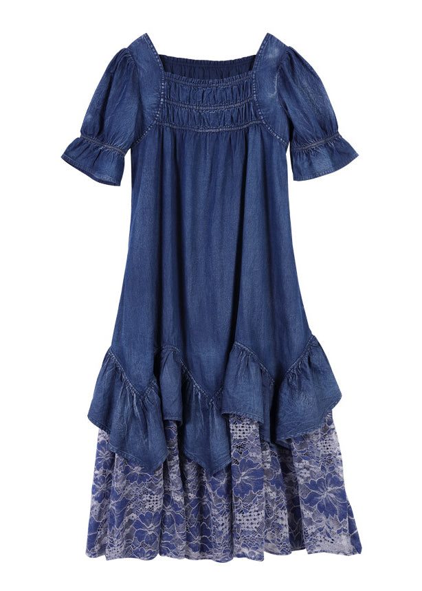 Simple Blue Square Collar Asymmetrical Lace Patchwork Cotton Vacation Dresses Short Sleeve