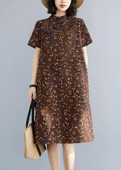 Simple Chocolate Print Oriental Maxi Summer Cotton Dress - SooLinen