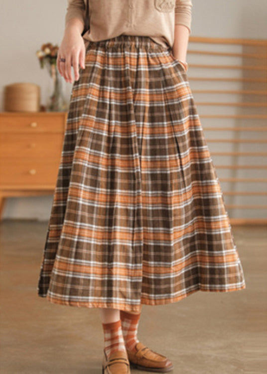 Simple Chocolate Pockets Plaid Cotton Skirts Spring