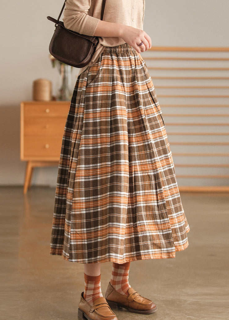 Simple Chocolate Pockets Plaid Cotton Skirts Spring