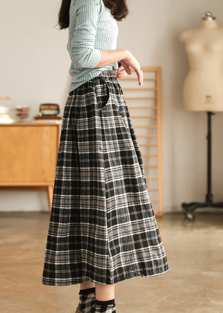 Simple Chocolate Pockets Plaid Cotton Skirts Spring