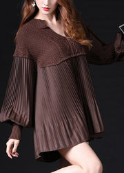 Simple Chocolate Ruffled Knit Knitted Tops lantern sleeve