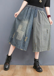 Einfach Denim Blau Elastische Taille Loch Applikation Baumwolle Gerade Hosen Sommerhose