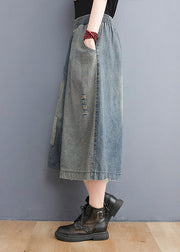 Simple Denim Blue Elastic Waist Hole Applique Cotton Straight Pants Trousers Summer