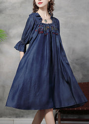 Simple Denim Blue wrinkled Ruffled Embroideried Cotton silk Dress lantern sleeve