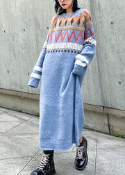 Simple Geometric Sweater winter dresses Classy blue o neck Fuzzy knit dresses - SooLinen