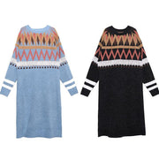 Simple Geometric Sweater winter dresses Classy blue o neck Fuzzy knit dresses - SooLinen