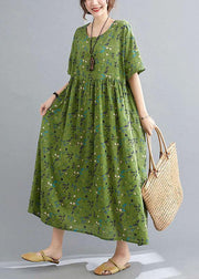 Simple Green Circle O-Neck Print Summer Loose Maxi Dresses Half Sleeve - SooLinen