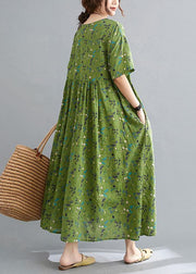 Simple Green Circle O-Neck Print Summer Loose Maxi Dresses Half Sleeve - SooLinen