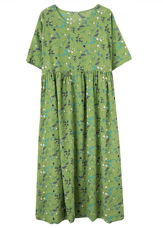 Simple Green Circle O-Neck Print Summer Loose Maxi Dresses Half Sleeve - SooLinen