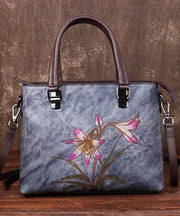 Simple Green Floral Paitings Calf Leather Tote Handbag