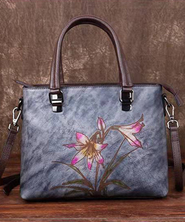 Simple Green Floral Paitings Calf Leather Tote Handbag