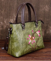 Simple Green Floral Paitings Calf Leather Tote Handbag