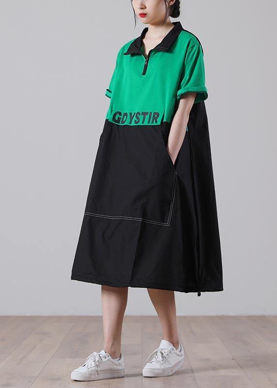 Simple Green Graphic Cotton Pockets Summer Party Dress - SooLinen