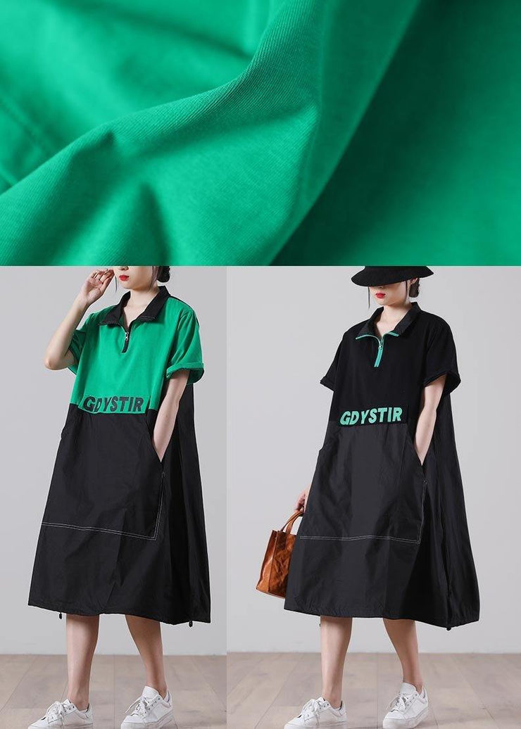 Simple Green Graphic Cotton Pockets Summer Party Dress - SooLinen