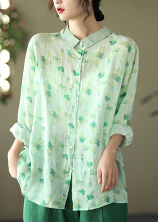 Simple Green Peter Pan Collar Print Ramie Shirt Long Sleeve