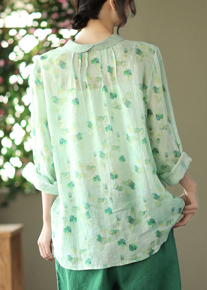 Simple Green Peter Pan Collar Print Ramie Shirt Long Sleeve