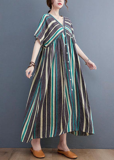 Simple Green Striped V Neck Patchwork Cotton Linen Long Dress - SooLinen