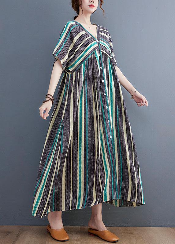 Simple Green Striped V Neck Patchwork Cotton Linen Long Dress - SooLinen