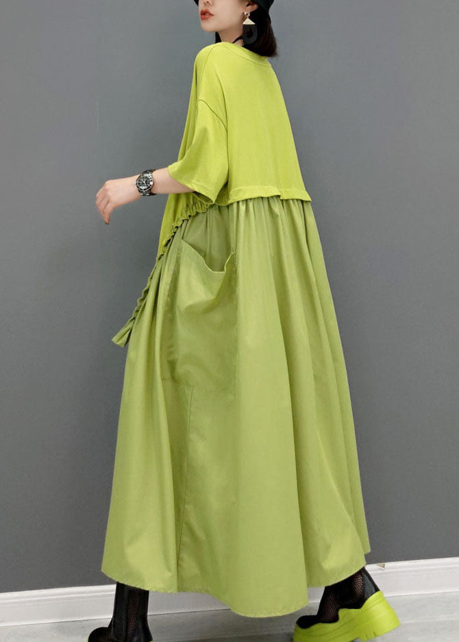 Simple Green pockets O-Neck Patchwork Maxi Dress Short Sleeve