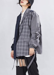 Simple Grey Patchwork Plaid asymmetrical design Fall Coats Long sleeve