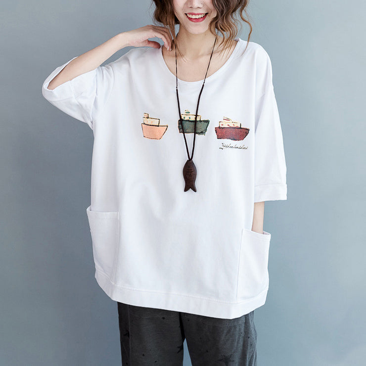 Simple Half sleeve pockets cotton tops women Boho Fabrics white tunic