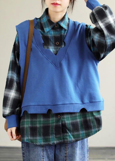 Simple Lapel Two Pieces Spring Crane Tops Work Outfits Blue Top - SooLinen