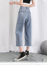 Simple Light Blue High Waist Hole Pockets Cotton Denim Straight Pants Summer