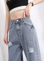 Simple Light Blue High Waist Hole Pockets Cotton Denim Straight Pants Summer