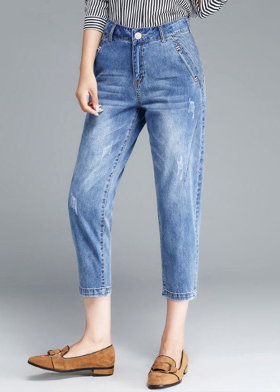 Einfache hellblaue, hohe Taillentaschen, Baumwoll-Denim-Crop-Hosen im Sommer