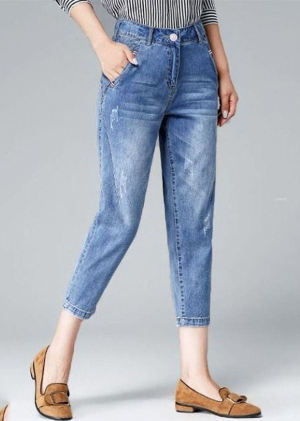 Einfache hellblaue, hohe Taillentaschen, Baumwoll-Denim-Crop-Hosen im Sommer