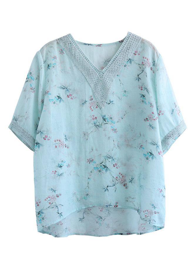 Simple Light Green V-Neck Print Floral Summer Ramie Shirt Top Short Sleeve - SooLinen