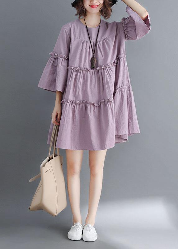 Simple Light Purple O-Neck Tiered Cotton Summer Dress - SooLinen