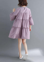 Simple Light Purple O-Neck Tiered Cotton Summer Dress - SooLinen