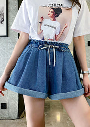 Simple Navy Elastic Waist drawstring Pockets Cotton wide leg Pants Shorts Summer