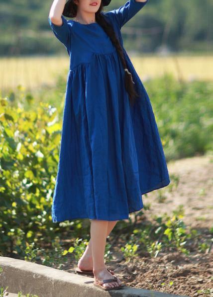 Simple O Neck Patchwork Summer Tunic Blue Dress - SooLinen