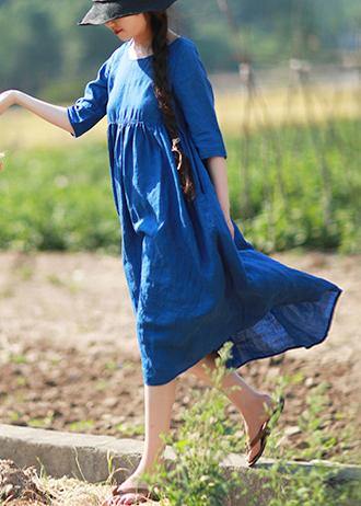 Simple O Neck Patchwork Summer Tunic Blue Dress - SooLinen