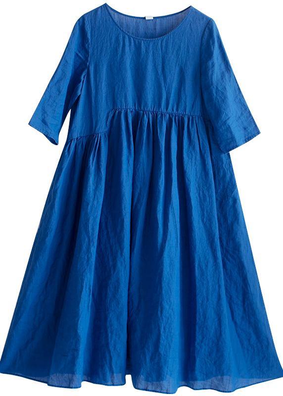 Simple O Neck Patchwork Summer Tunic Blue Dress - SooLinen