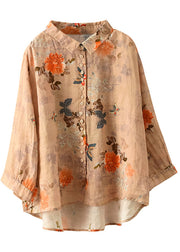 Simple Orange Peter Pan Collar Print Button Cotton Blouse Tops Long Sleeve