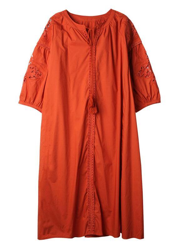 Simple Orange Three Quarter Sleeve Lace Solid Spring Holiday Dress - SooLinen