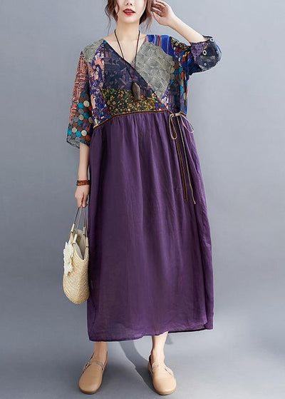 Simple Purple Print Tunic Pattern V Neck Tie Waist Loose Spring Dress - SooLinen