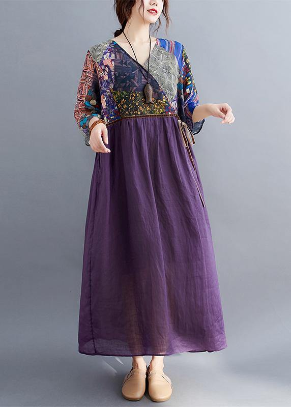 Simple Purple Print Tunic Pattern V Neck Tie Waist Loose Spring Dress - SooLinen